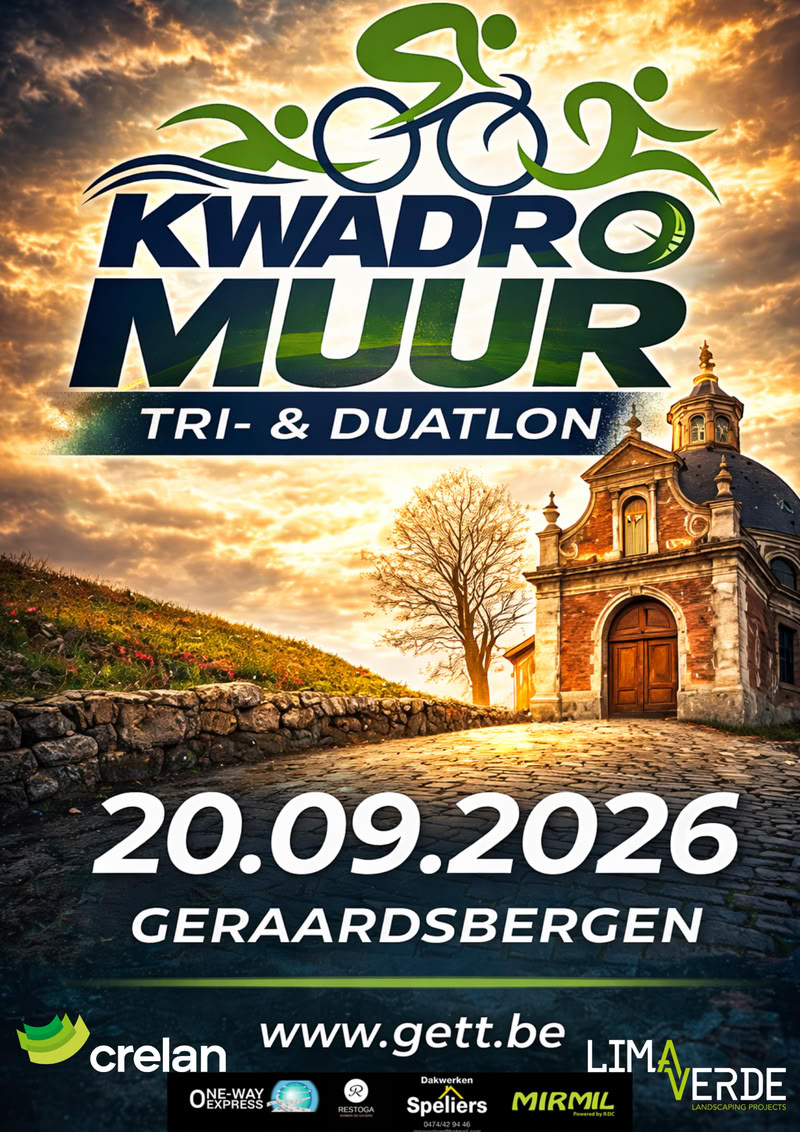 Affiche van de KwadrO Muur Tri- & Duatlon op 20 september 2026 in Geraardsbergen, met de kapel op de Oudenberg boven de kasseiweg