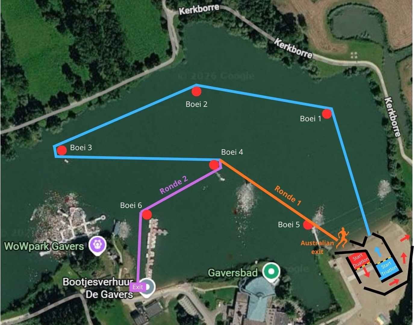 Zwemparcours van 1500 meter op De Gavers, twee ronden met een Australian exit over het strand