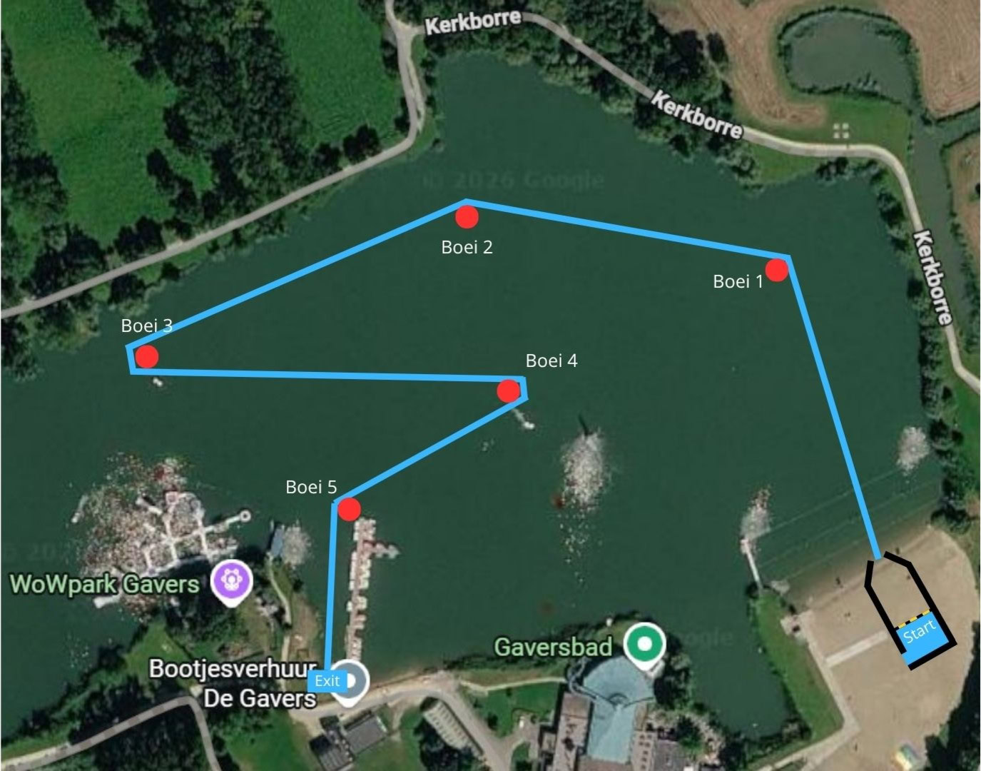 Zwemparcours van 750 meter op De Gavers, één ronde langs boei 1 tot en met 5